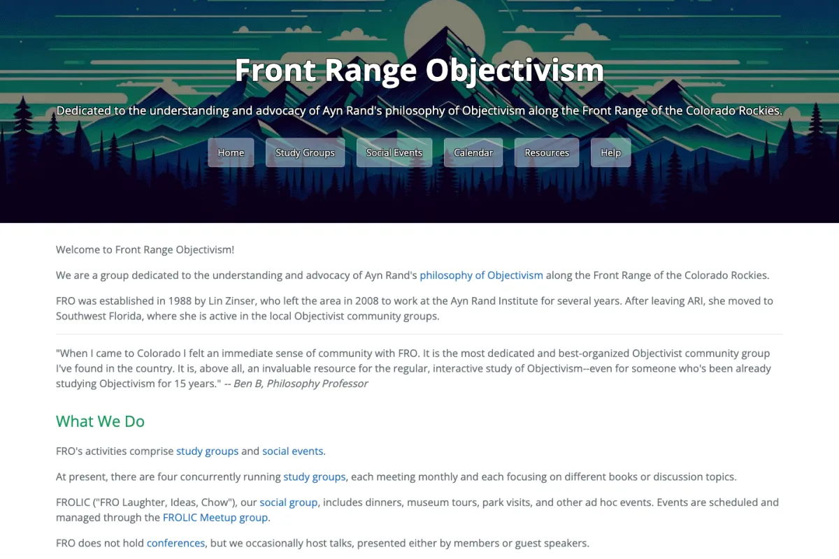 Desktop view of the Front Range Objectivism website