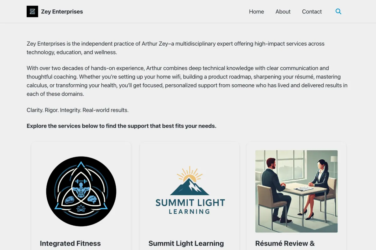 Desktop view of the Zey Enterprises website